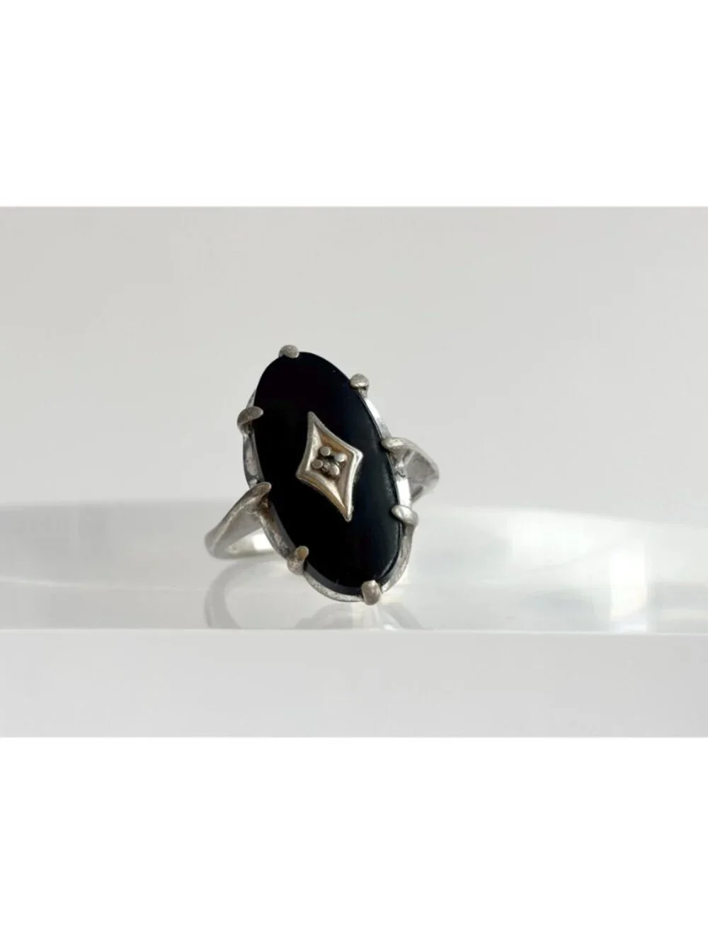 Art Deco Black Onyx Gemstone Oval Sterling Silver 925 Vintage Ring - sz 7